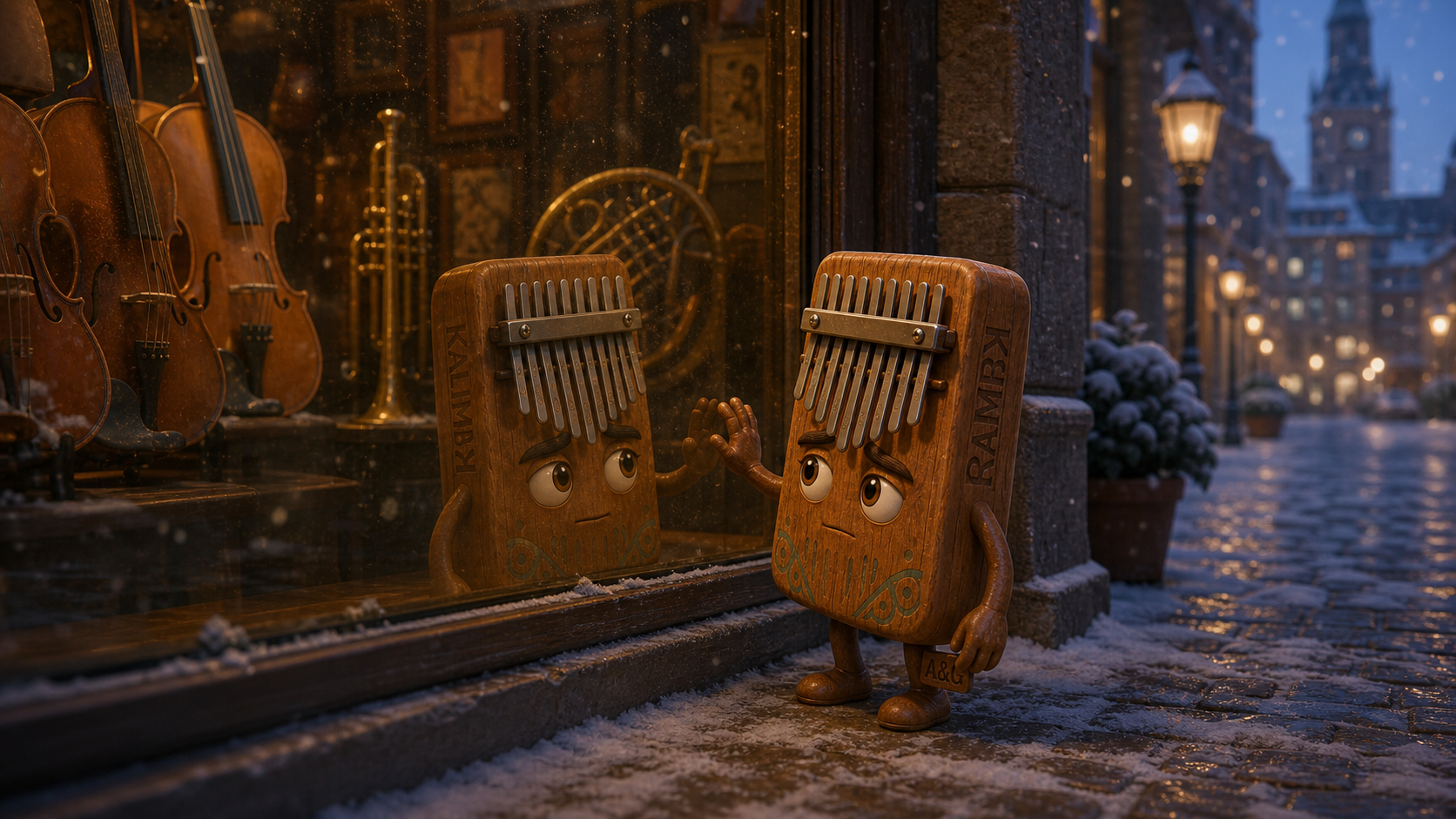 Kalimba alone, touching the glass of the shop window in Munich