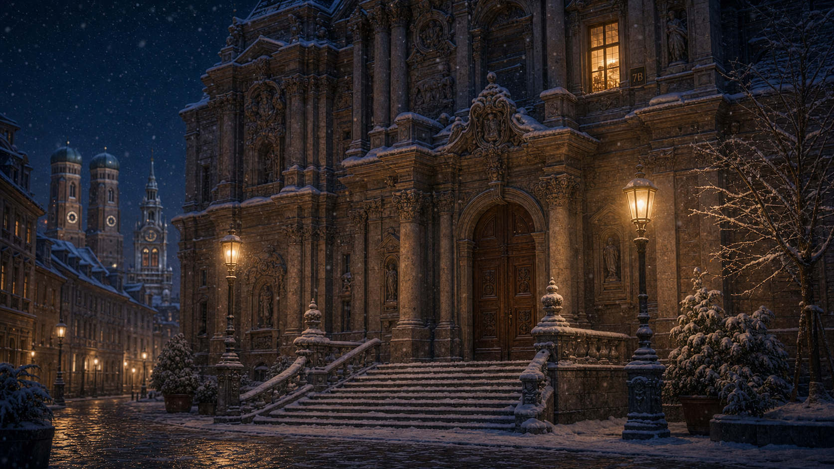 The final image — warm window, snow falling, the title written across it
